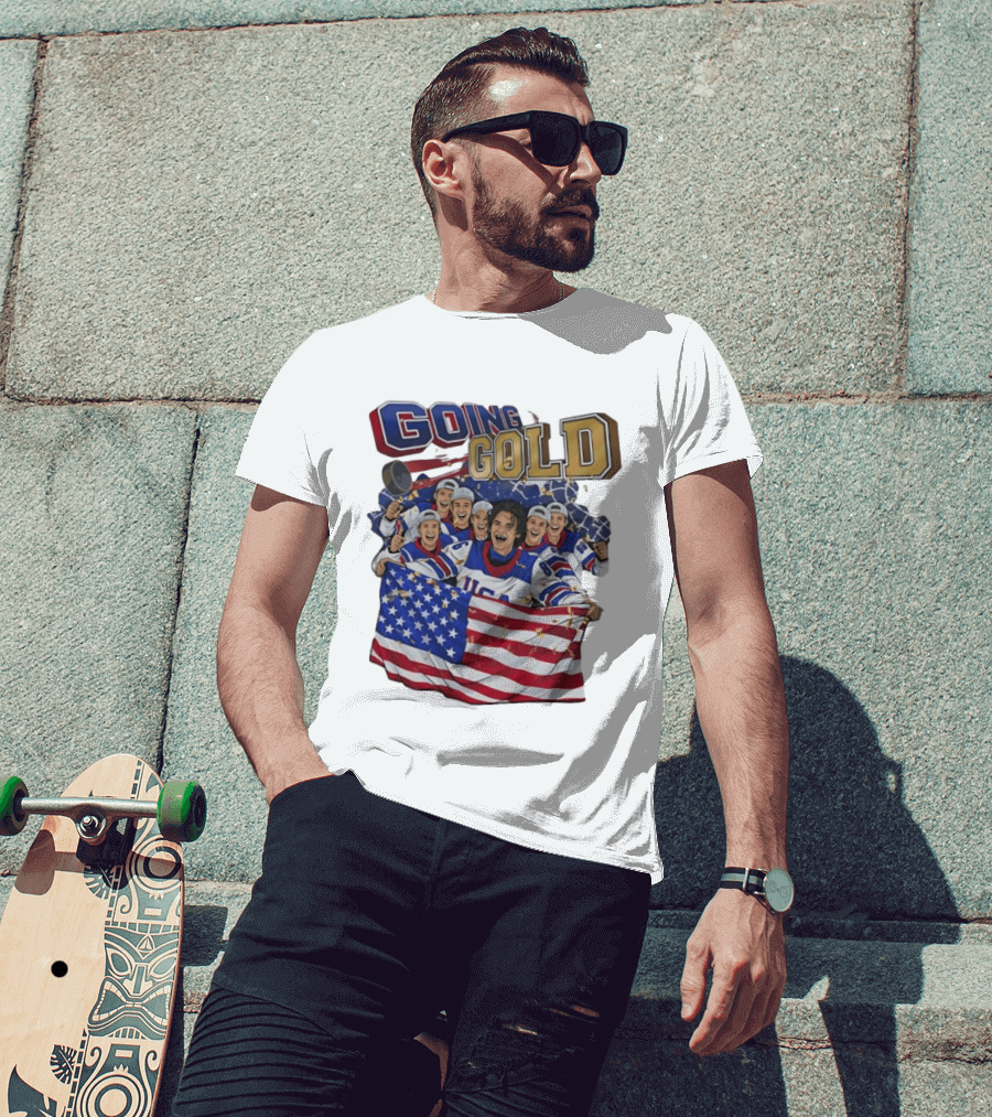 GOING GOLD USA Hockey Team Celebration With Flag T-Shirt