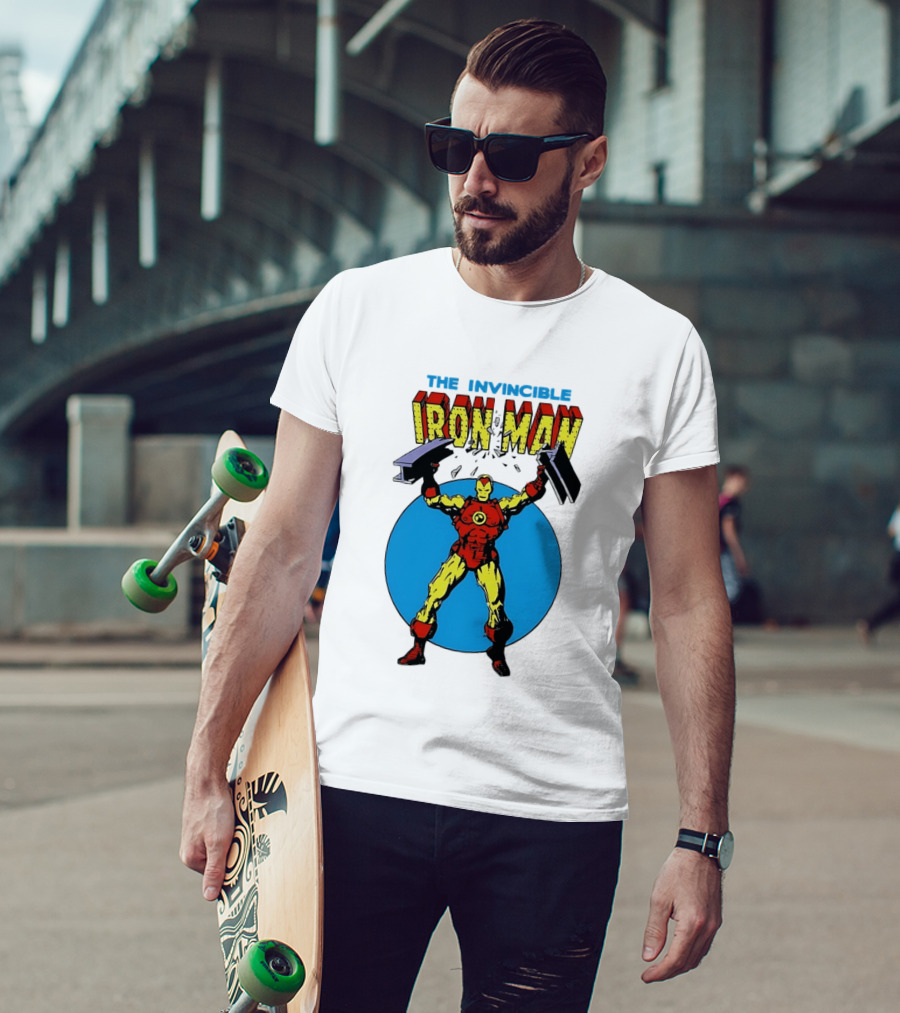 The Invincible Iron Man Bending Iron Bar Marvel Comic T-Shirt