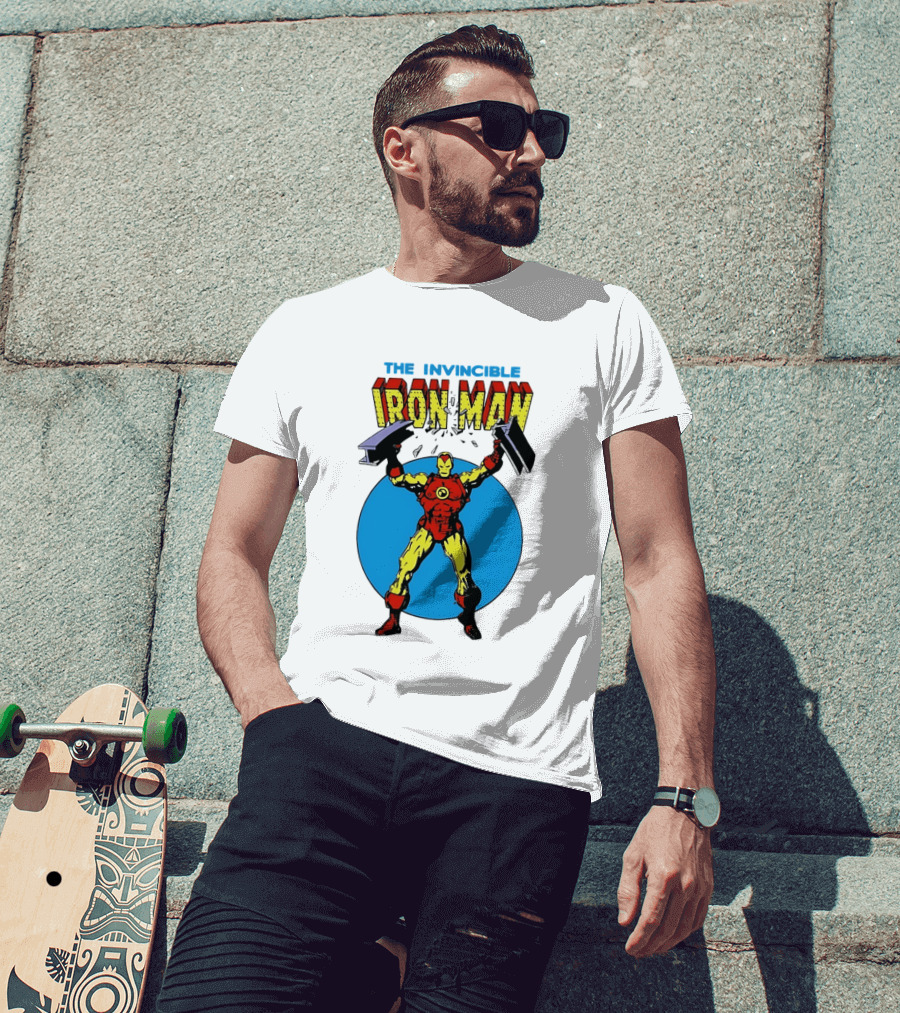The Invincible Iron Man Bending Iron Bar Marvel Comic T-Shirt
