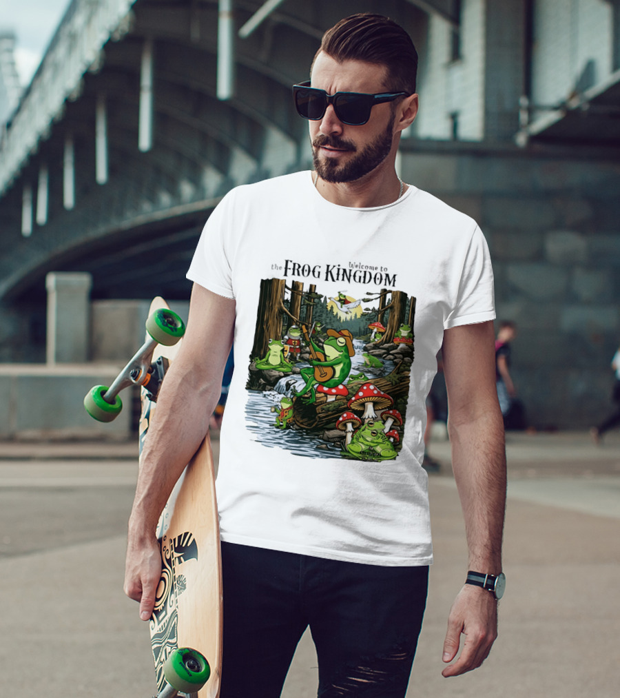 Frog Playing Guitar Forest Gathering Welcome To The Frog Kingdom T-Shirt