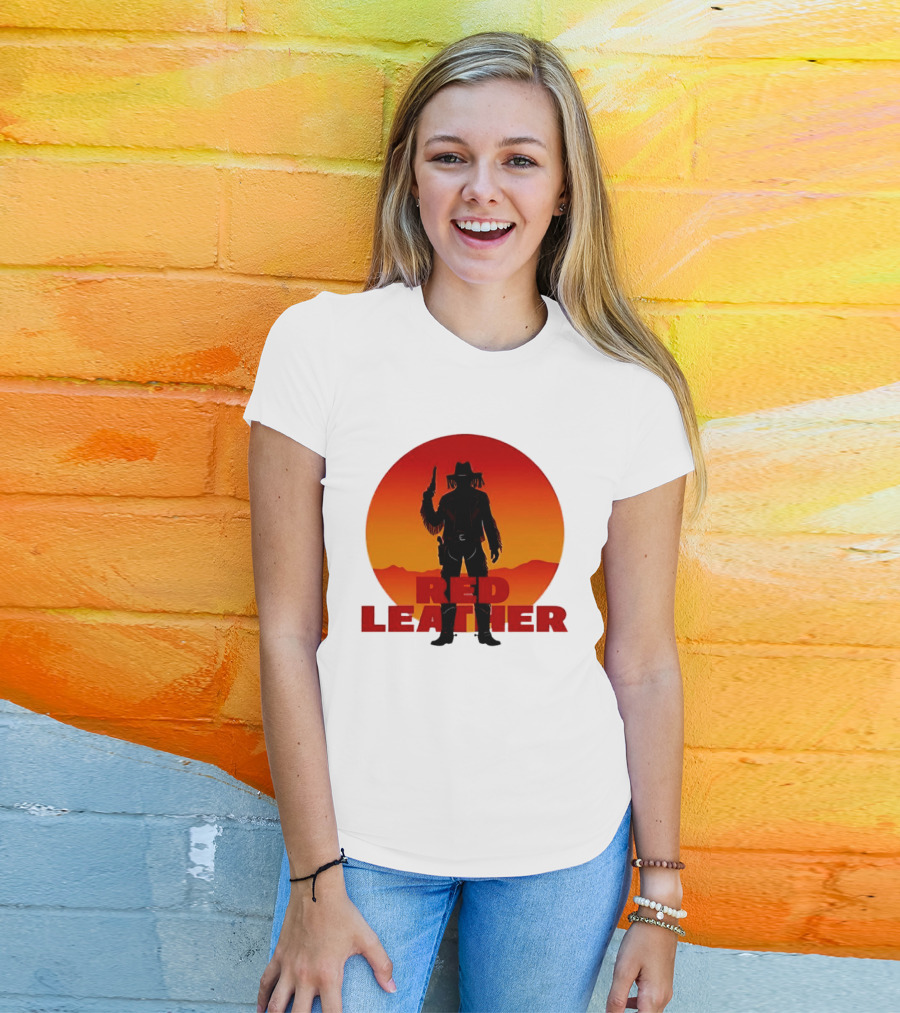 Red Leather Cowboy Sunset Silhouette With Gun And Hat In Desert T-Shirt