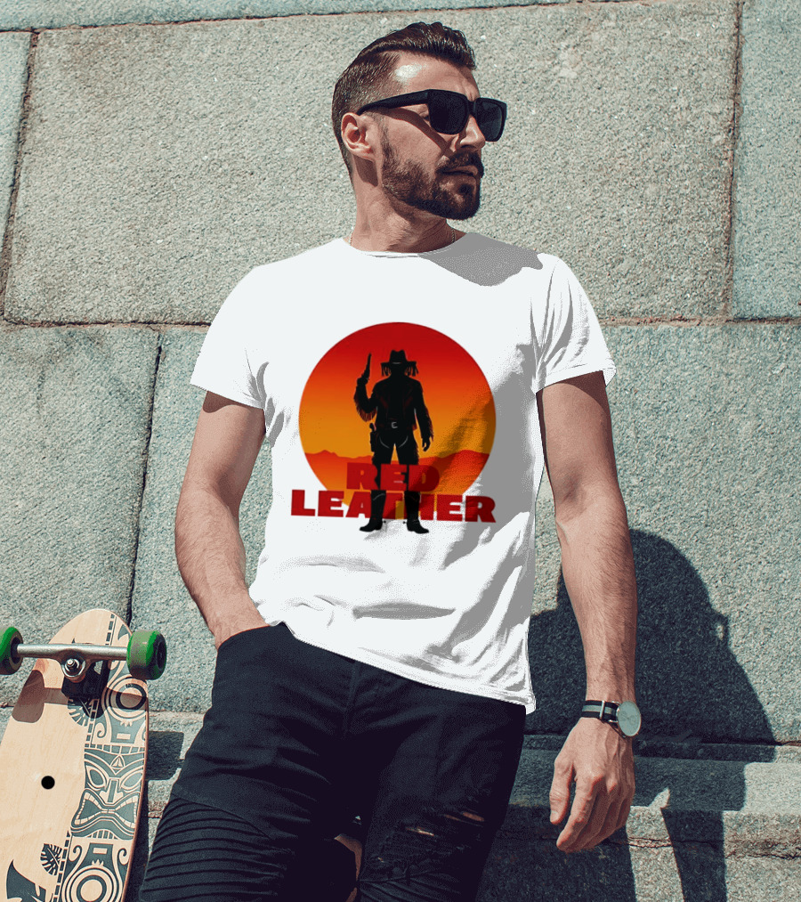 Red Leather Cowboy Sunset Silhouette With Gun And Hat In Desert T-Shirt