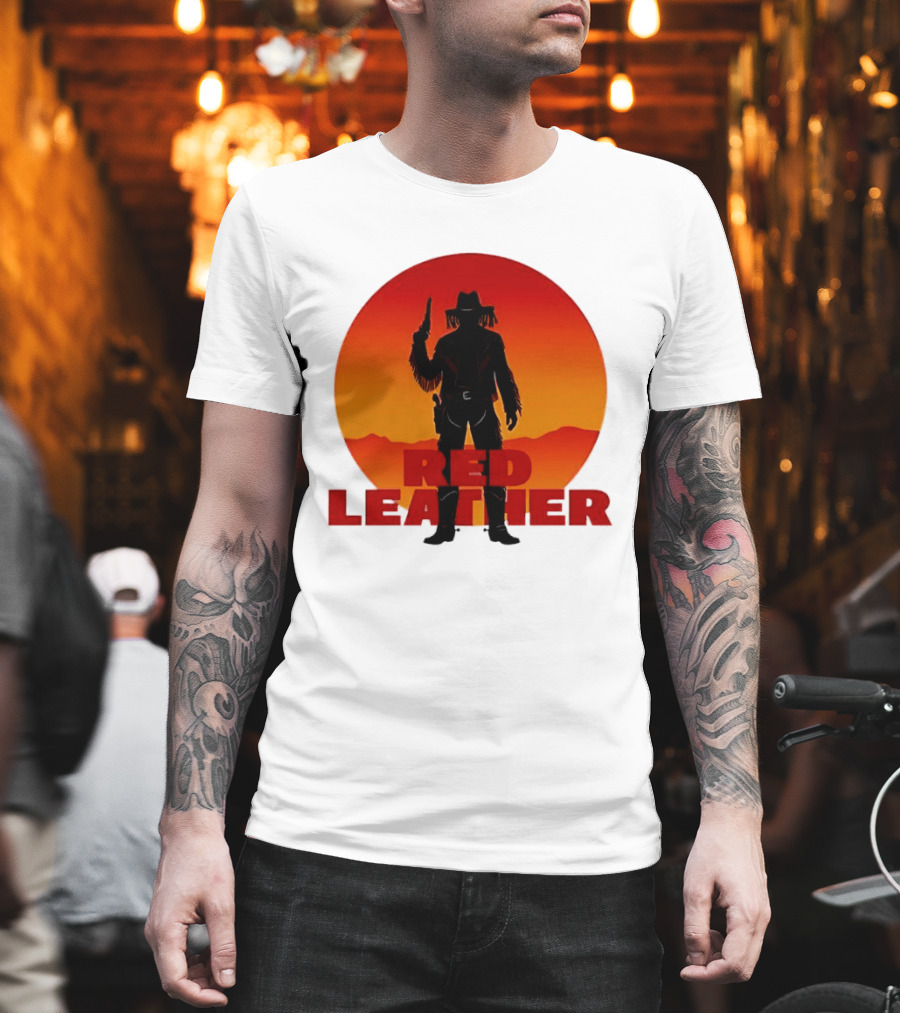 Red Leather Cowboy Sunset Silhouette with Gun and Hat in Desert T-Shirt