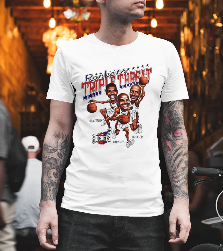 Hakeem Olajuwon Charles Barkley Clyde Drexler Rockets Triple Threat NBA Legends T-Shirt