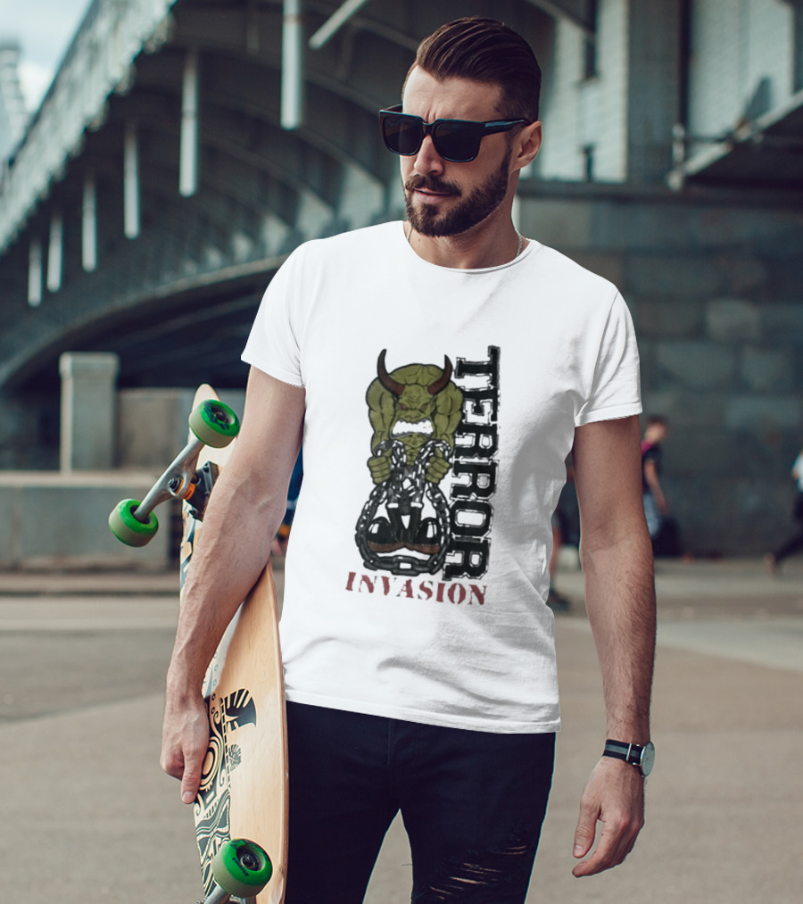 Terror Invasion Demon Holding Chains Warrior Monster T-Shirt