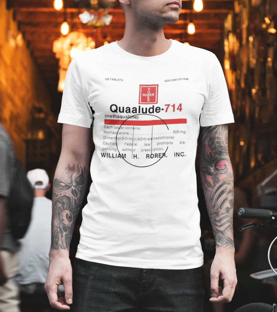 Quaalude 714 Methaqualone Medicine Warning Label Text with Rorer T-Shirt