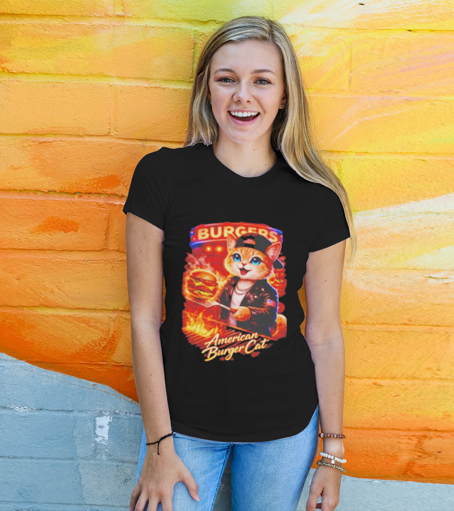 Burgers Flame Grilling American Burger Cat Fun T-Shirt