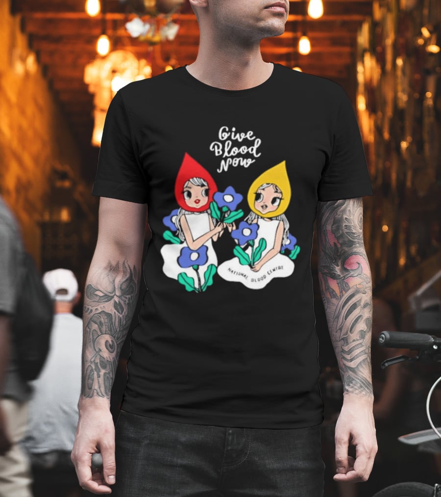 Give Blood Now National Blood Centre Cartoon Girls with Flowers T-Shirt
