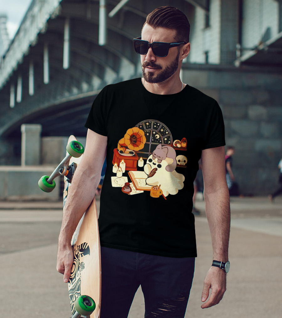Ghost Cat Listening To Phonograph Under Night Sky While Writing T-Shirt