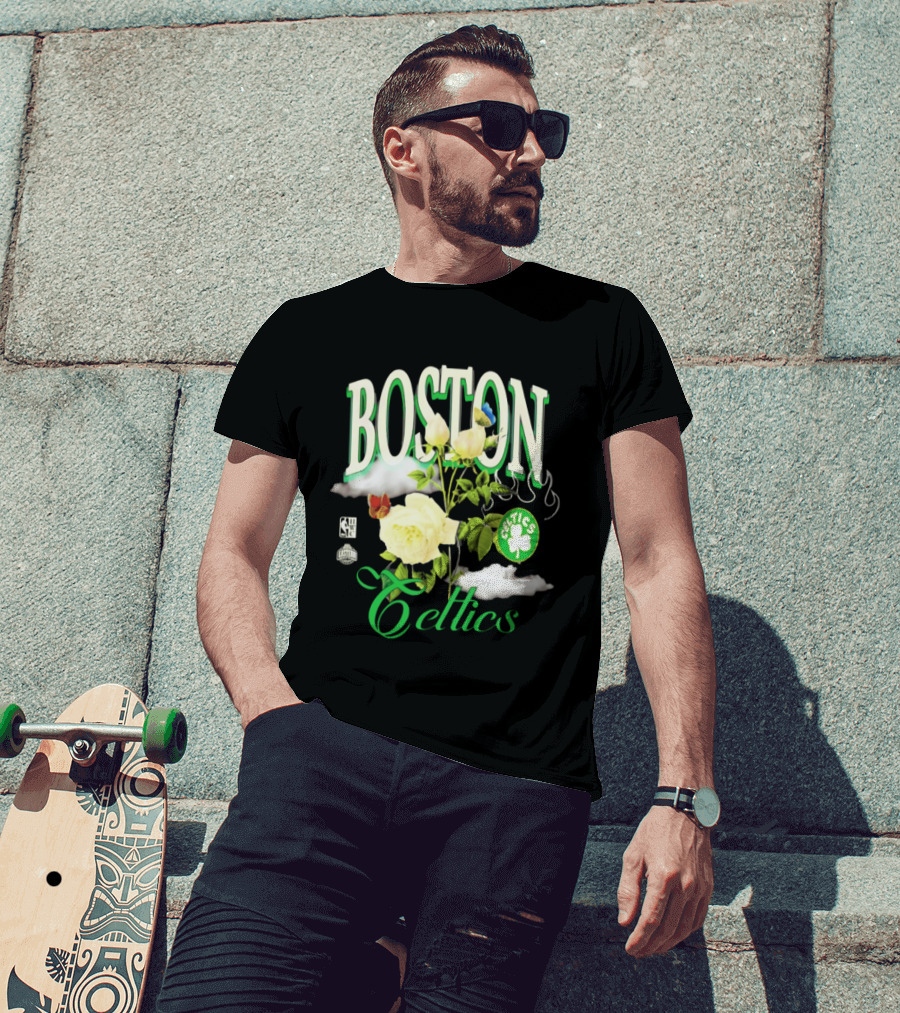 Boston Celtics Floral Roses With Butterfly And Shamrock T-Shirt