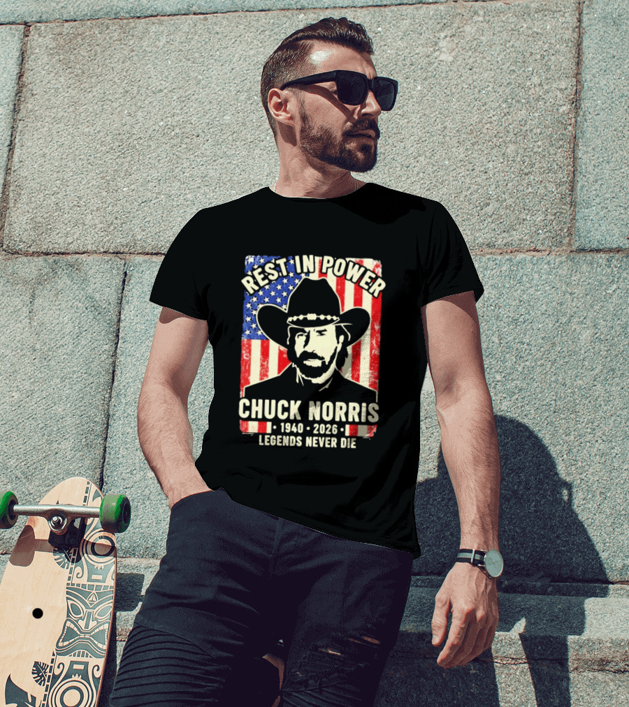 Rest In Power Chuck Norris Legends Never Die 1940 2026 Patriotic Western Cowboy T-Shirt