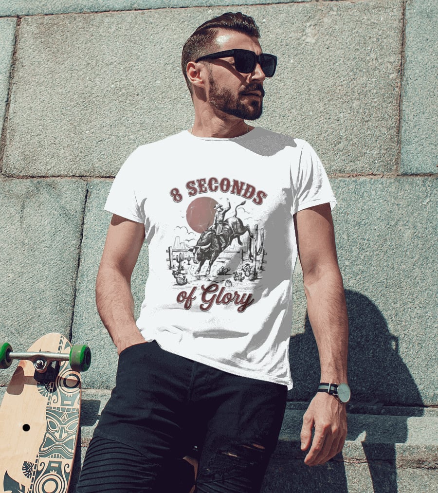 8 Seconds Of Glory Cowboy Riding Rodeo Bull Southwestern Desert Scene T-Shirt