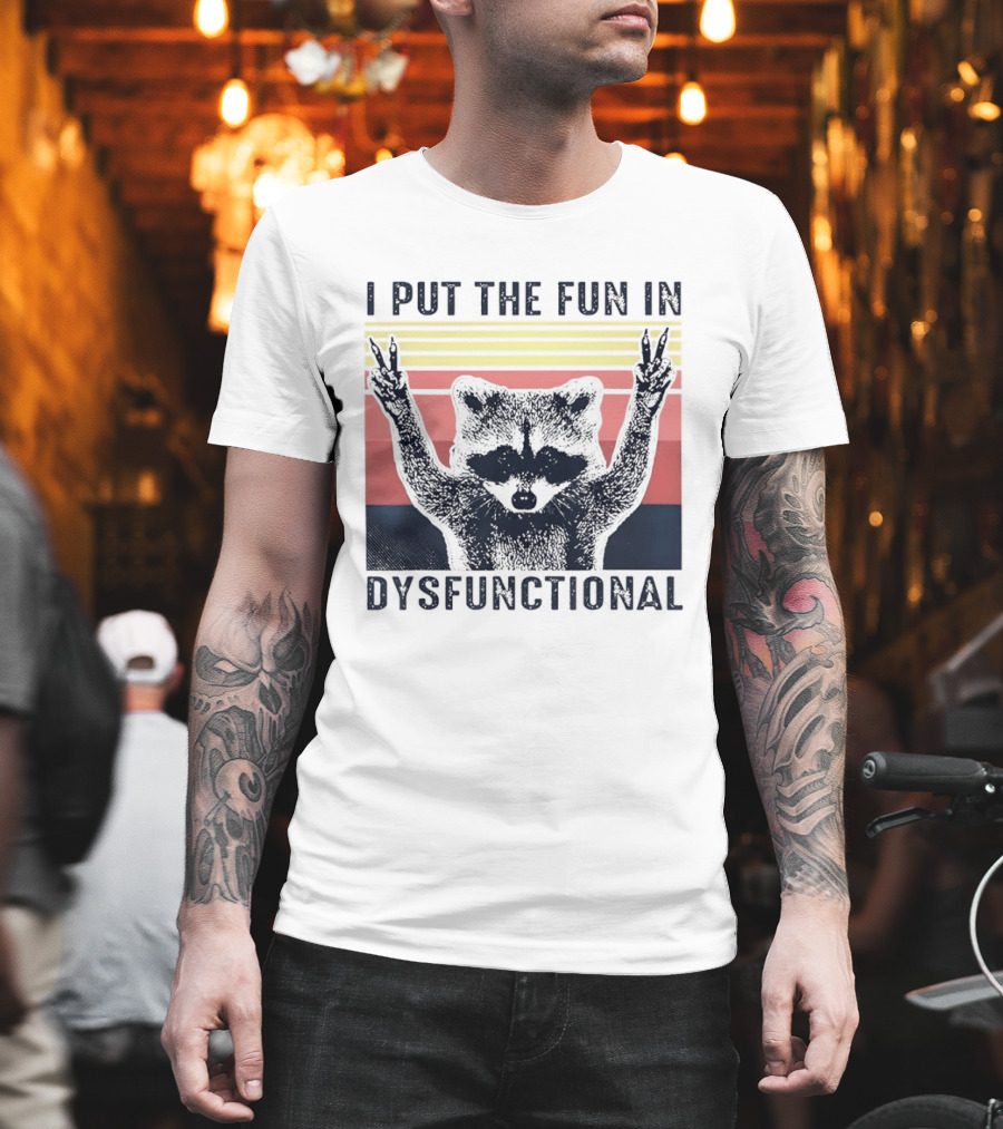 Raccoon Peace Gesture Fun in Dysfunctional Retro Sunset T-Shirt