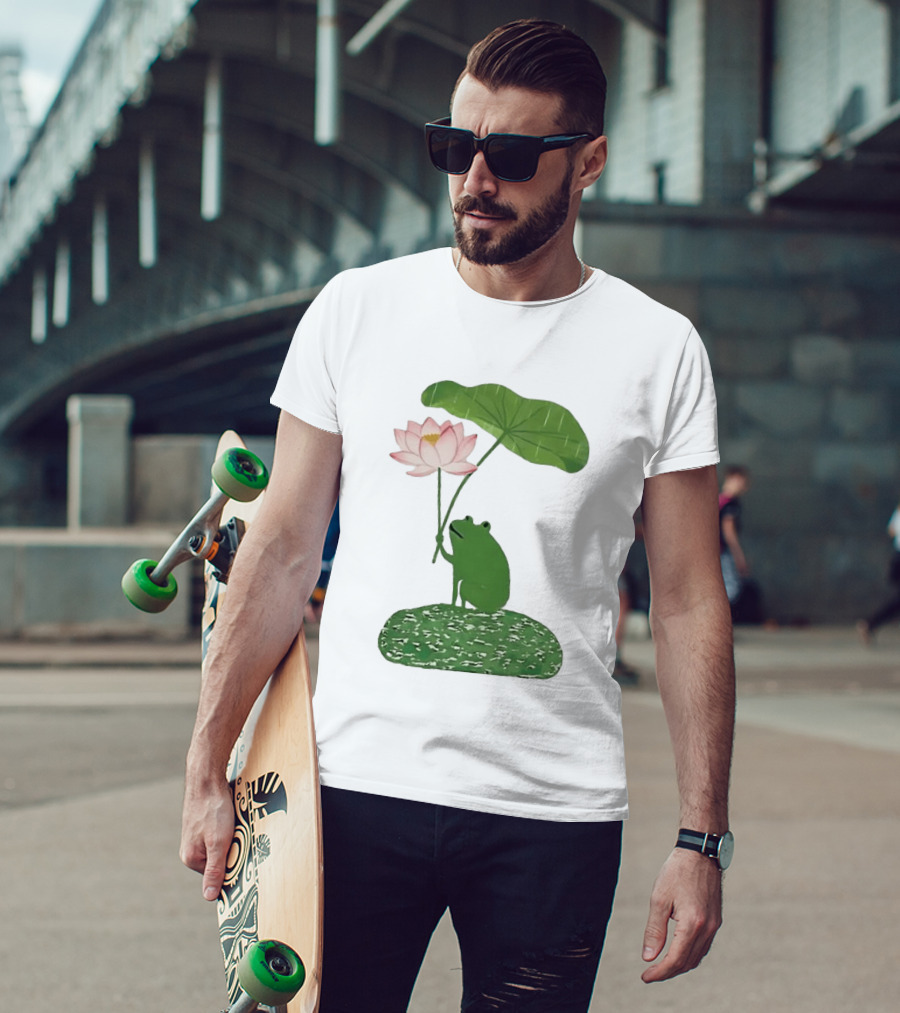 Frog With Lotus Umbrella Under The Rain Meme Cute Nature Scene T-Shirt