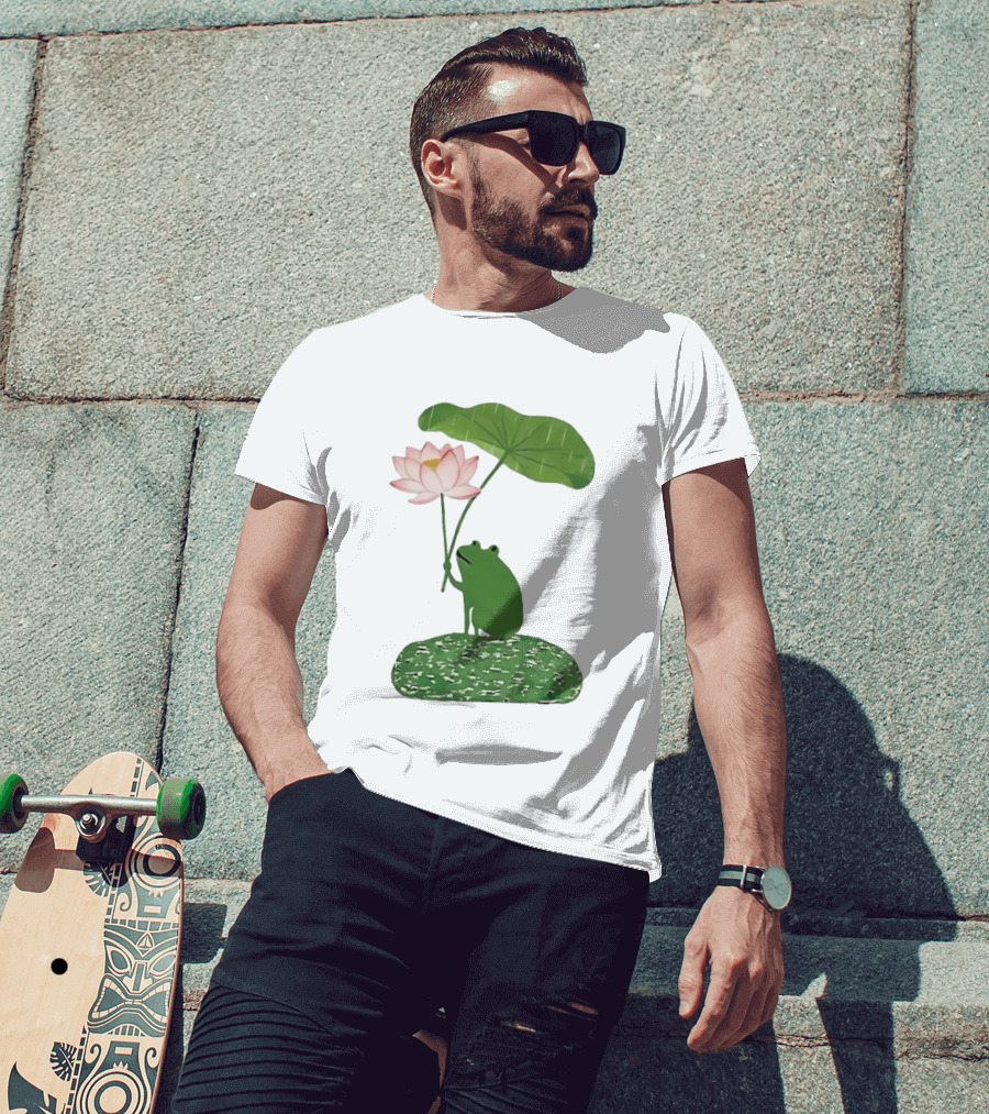 Frog With Lotus Umbrella Under The Rain Meme Cute Nature Scene T-Shirt