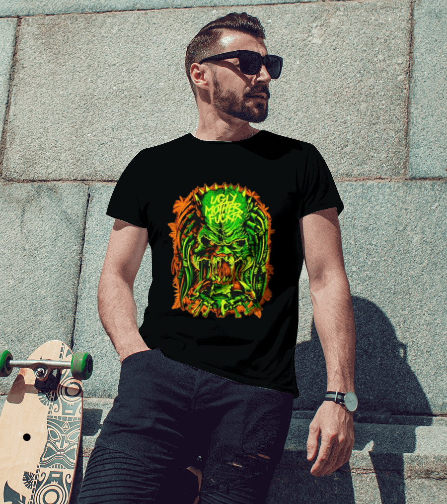 Predator Ugly Mother Fucker Alien Mask Neon Green And Orange T-Shirt