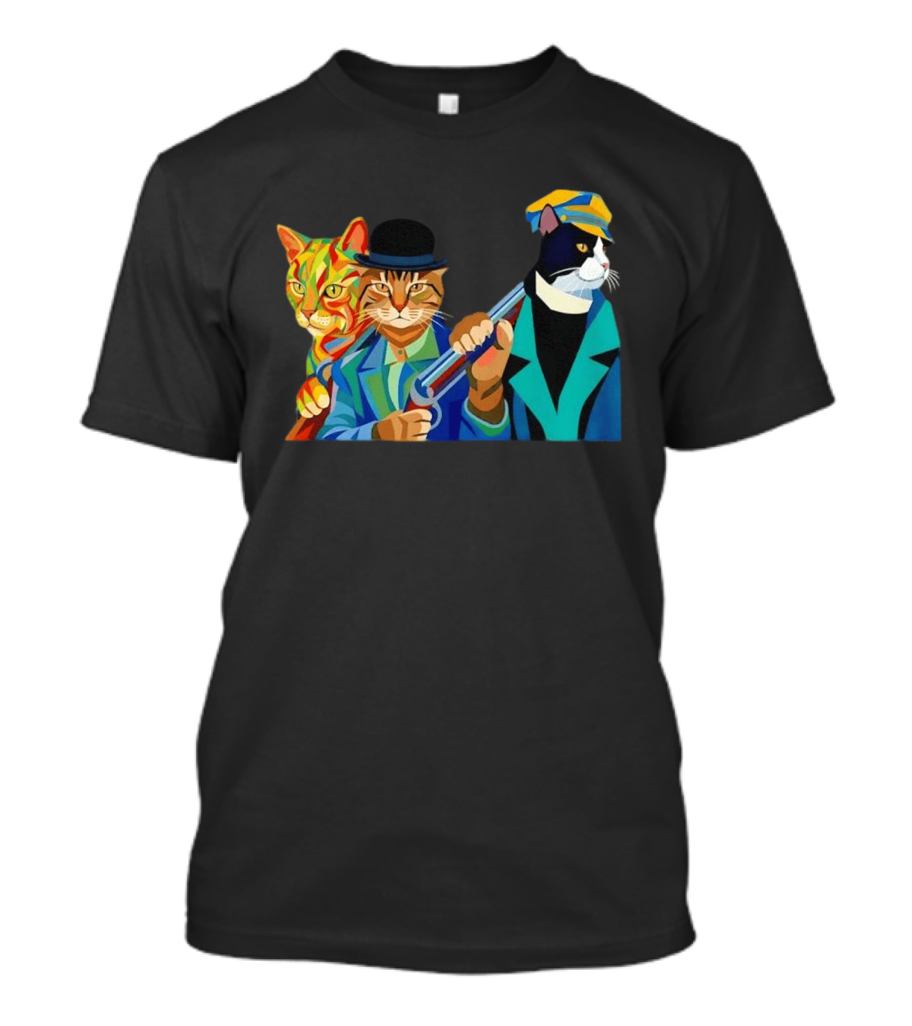 Three Cats Jazz Band Colorful Feline Musicians With Suits And Instruments T-Shirt