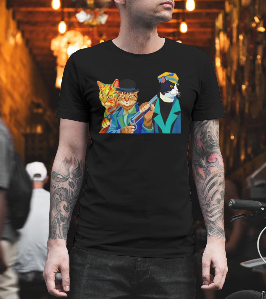 Three Cats Jazz Band Colorful Feline Musicians with Suits and Instruments T-Shirt