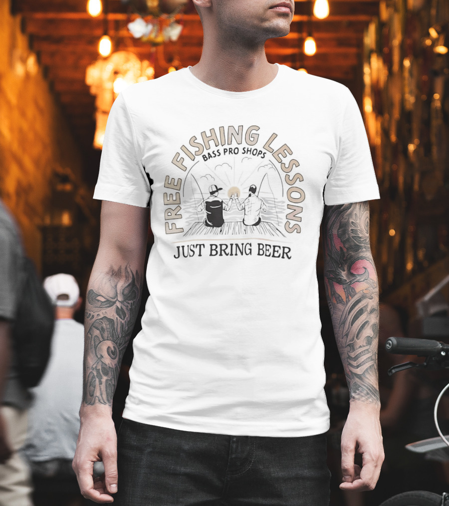 Free Fishing Lessons Bring Beer Lake Dock Scene T-Shirt