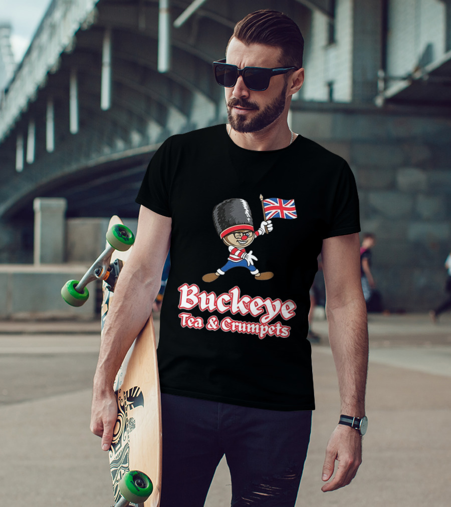 Buckeye Tea And Crumpets British Guard Cartoon With Union Jack Flag T-Shirt