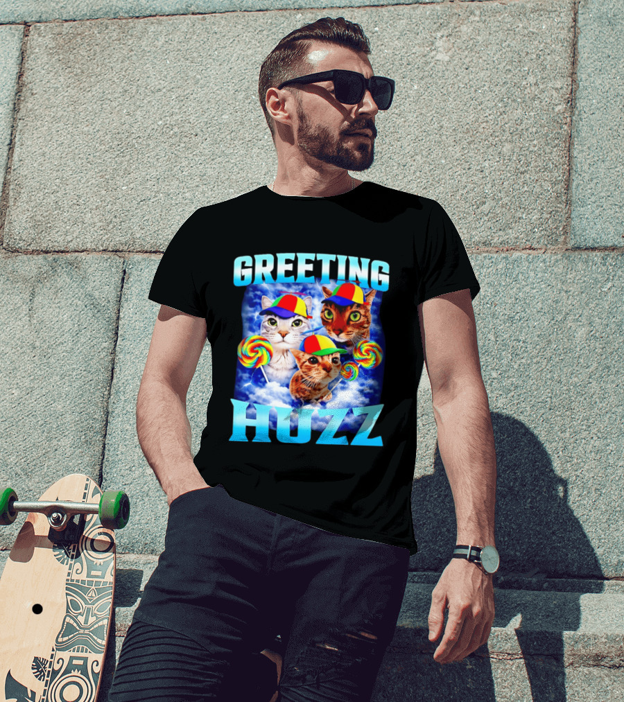 Greeting Huzz Cat Meme With Lollipops And Colorful Hats T-Shirt