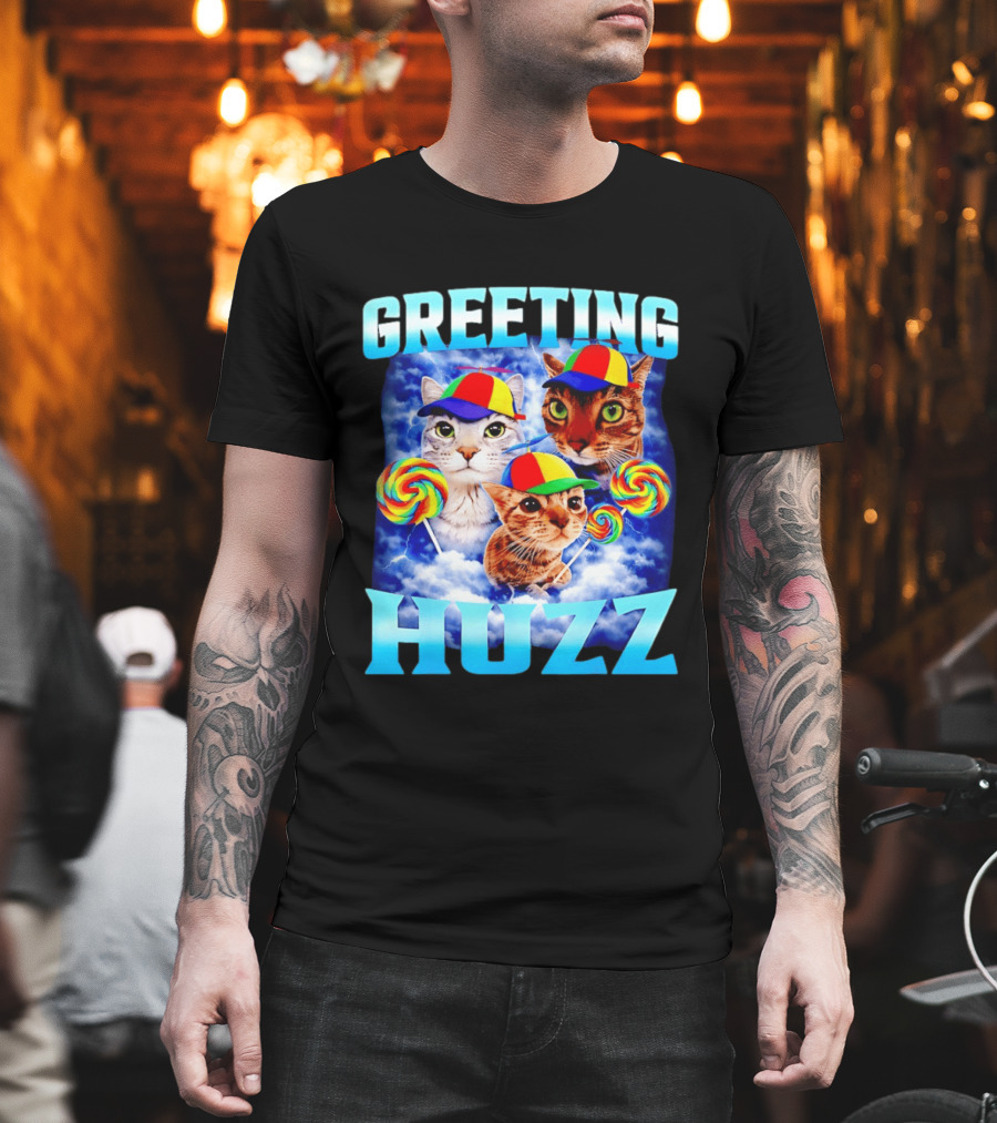 Greeting Huzz Cat Meme with Lollipops and Colorful Hats T-Shirt