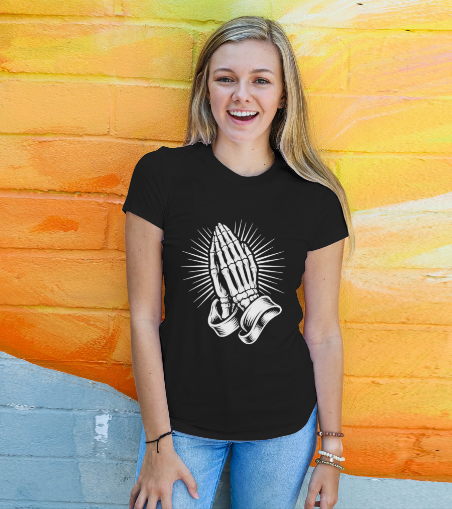 Skeleton Praying Hands Christian Symbol With Radiant Light T-Shirt