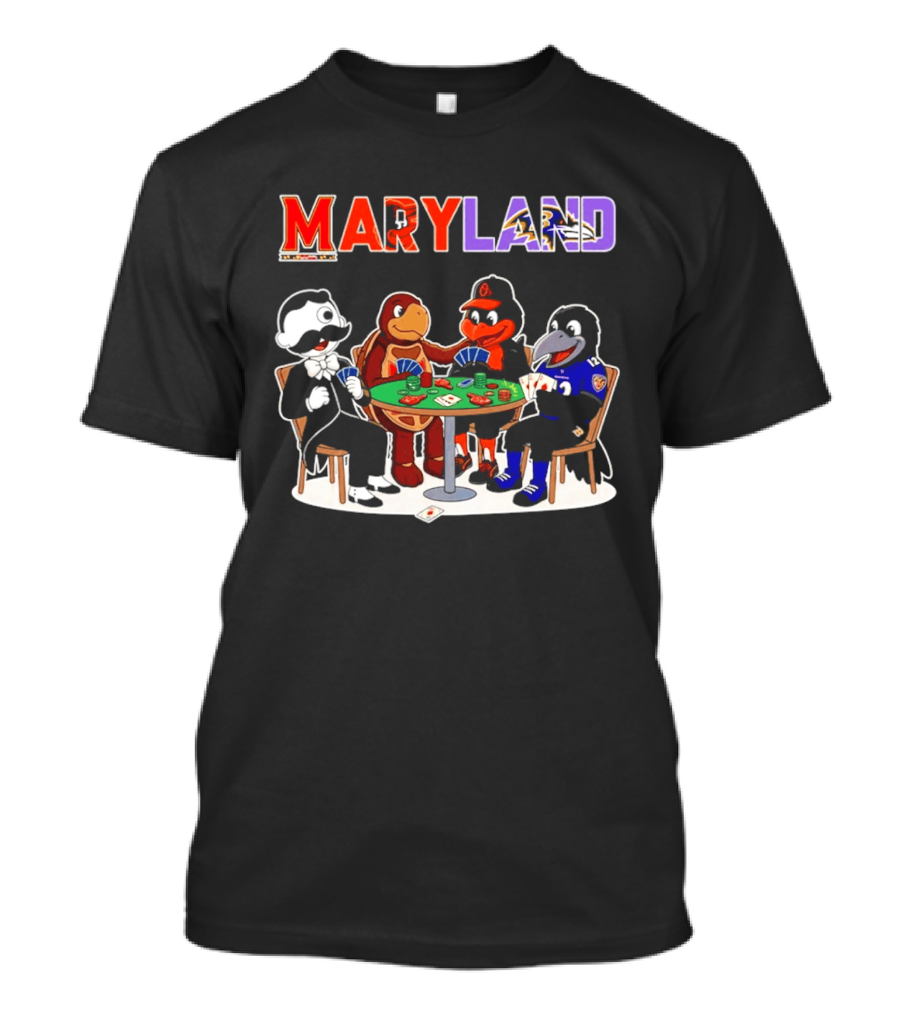 Maryland Mascots Playing Poker With Natty Boh, Orioles, Ravens, And Terrapins T-Shirt