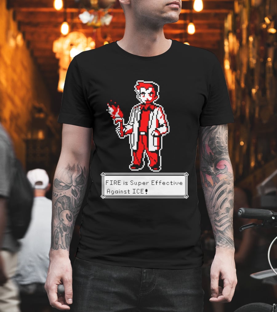 Fire Is Super Effective Against Ice Pixel Character Holding Flame in Retro Game T-Shirt