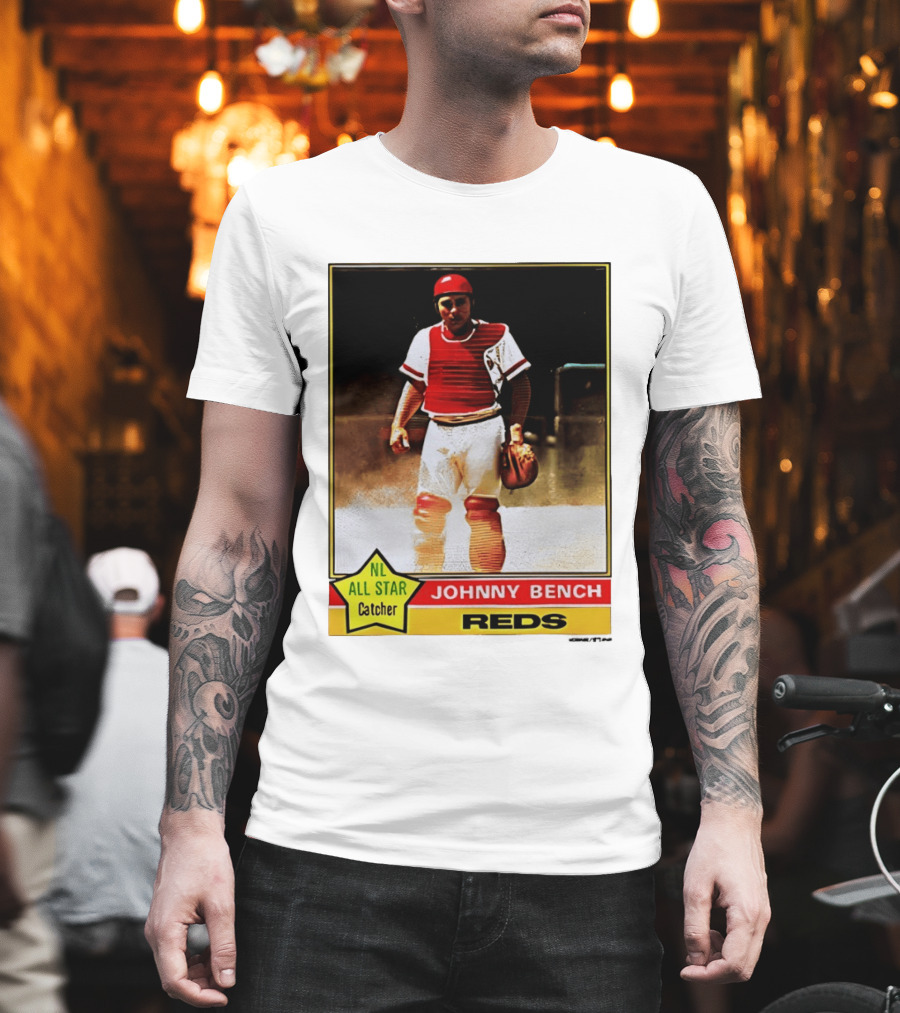 Johnny Bench Cincinnati Reds 1976 Topps NL All Star Catcher Retro Card T-Shirt