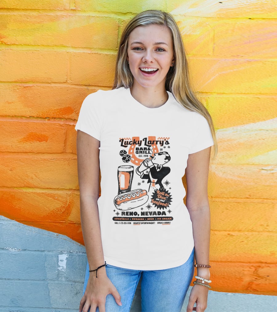 Lucky Larry's Bar & Grill EST 1954 Reno Nevada Cocktails Burgers Beer Ice Cream Roll The Dice On Our Seafood T-Shirt