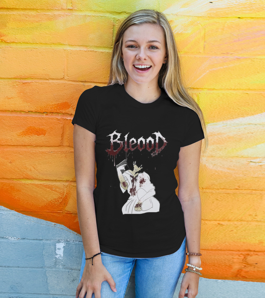 Blood Anime Style Dripping Text And Mysterious Figure T-Shirt
