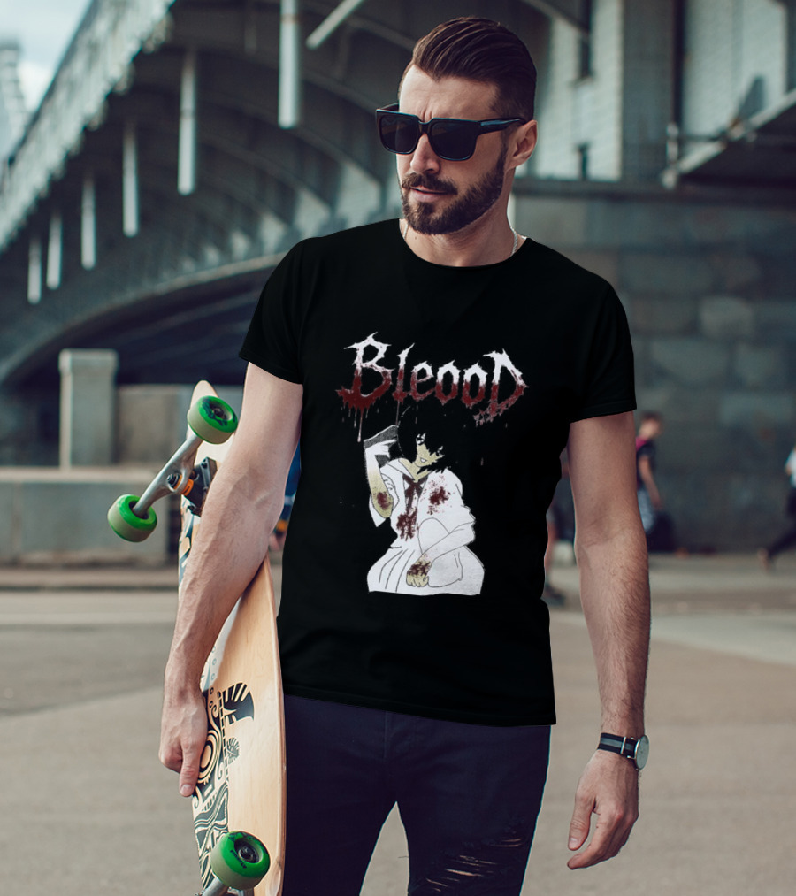Blood Anime Style Dripping Text And Mysterious Figure T-Shirt