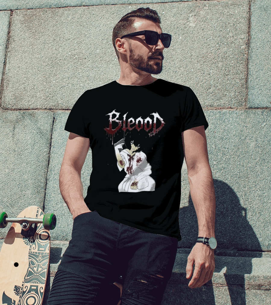 Blood Anime Style Dripping Text And Mysterious Figure T-Shirt