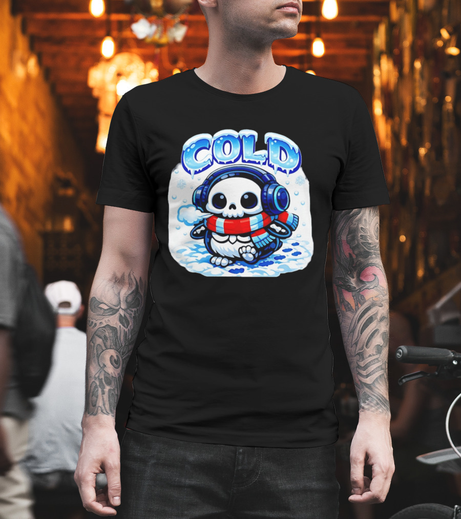 Cold Penguin Skeleton Winter Scarf Headphones Snowflakes T-Shirt