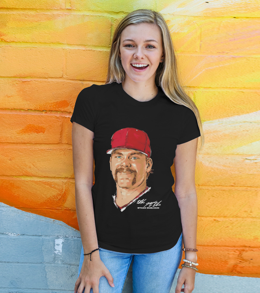 Ethan McElvain Arkansas Razorbacks Baseball Player Portrait In Red Cap T-Shirt