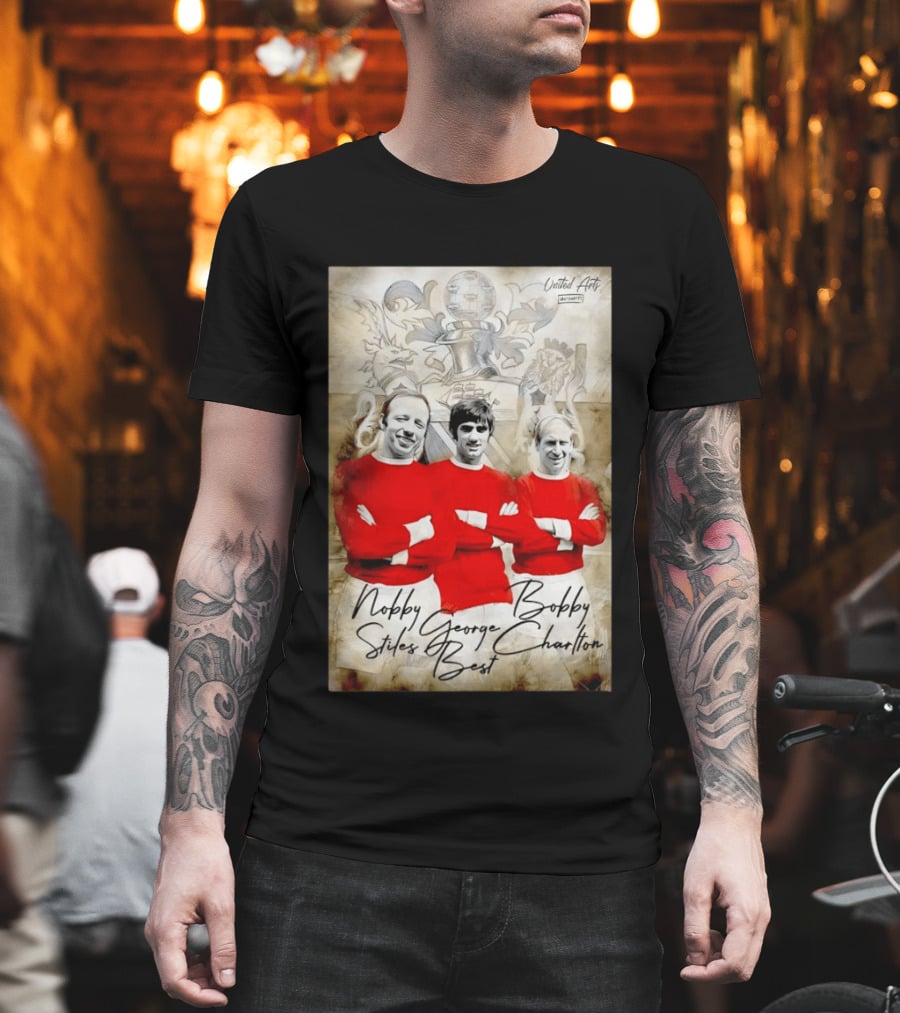 Nobby Stiles George Best Bobby Charlton Manchester United UEFA European Cup Lion Sketch T-Shirt