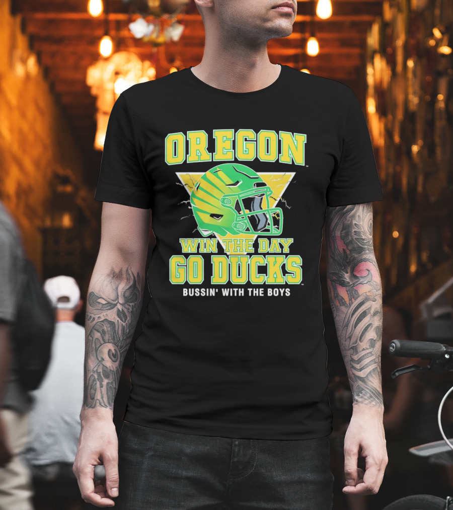 Oregon Win the Day Go Ducks Bussin' with the Boys Football Helmet T-Shirt