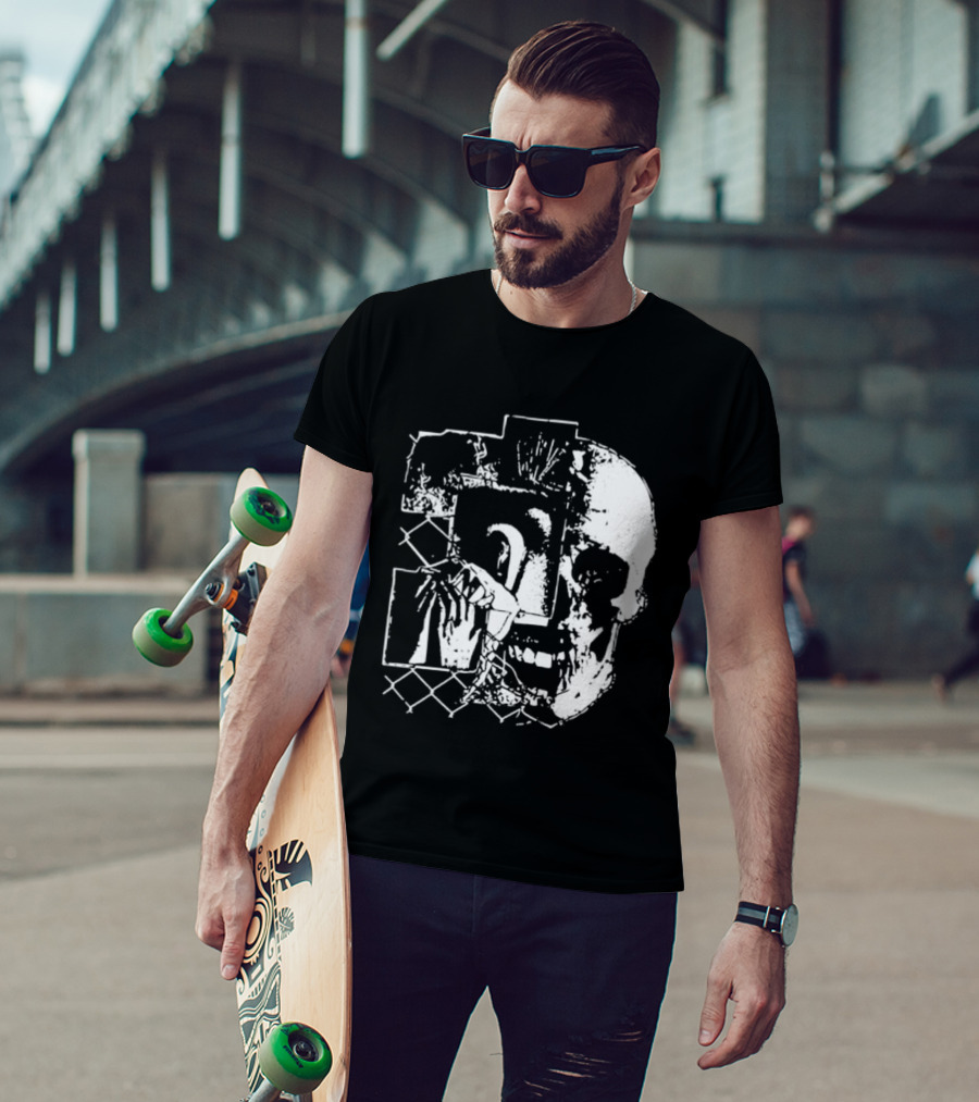 Harms Way Chain Link Skull 2026 Distorted Surreal White Design With Fence T-Shirt
