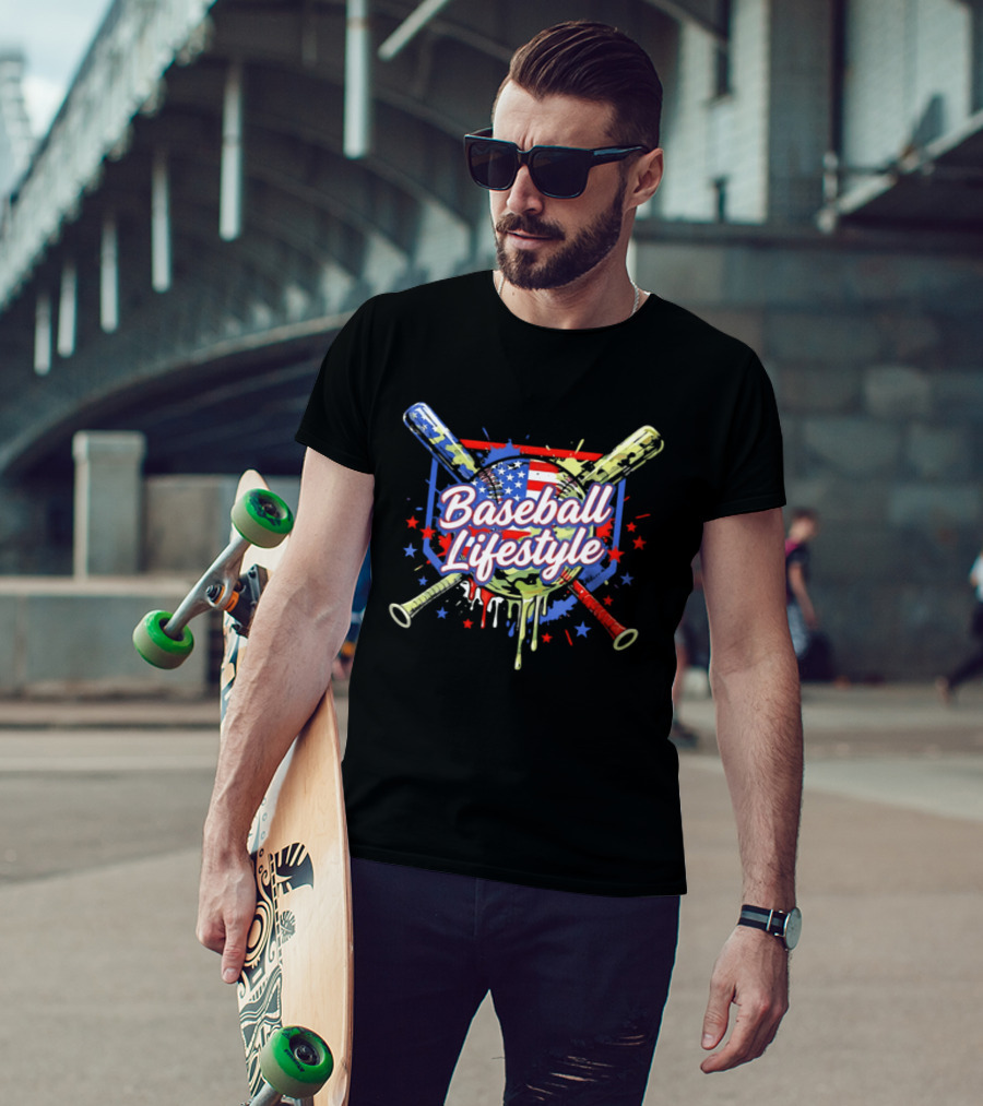 Baseball Lifestyle Camo American Flag Bats Stars Paint Splatter T-Shirt