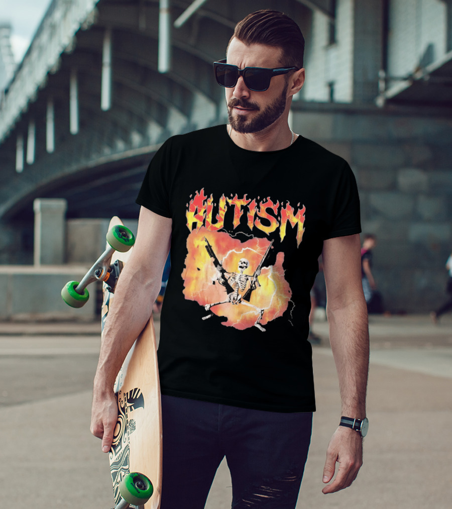 Autism Flaming Skeleton Meme Guns Edgy Fire T-Shirt