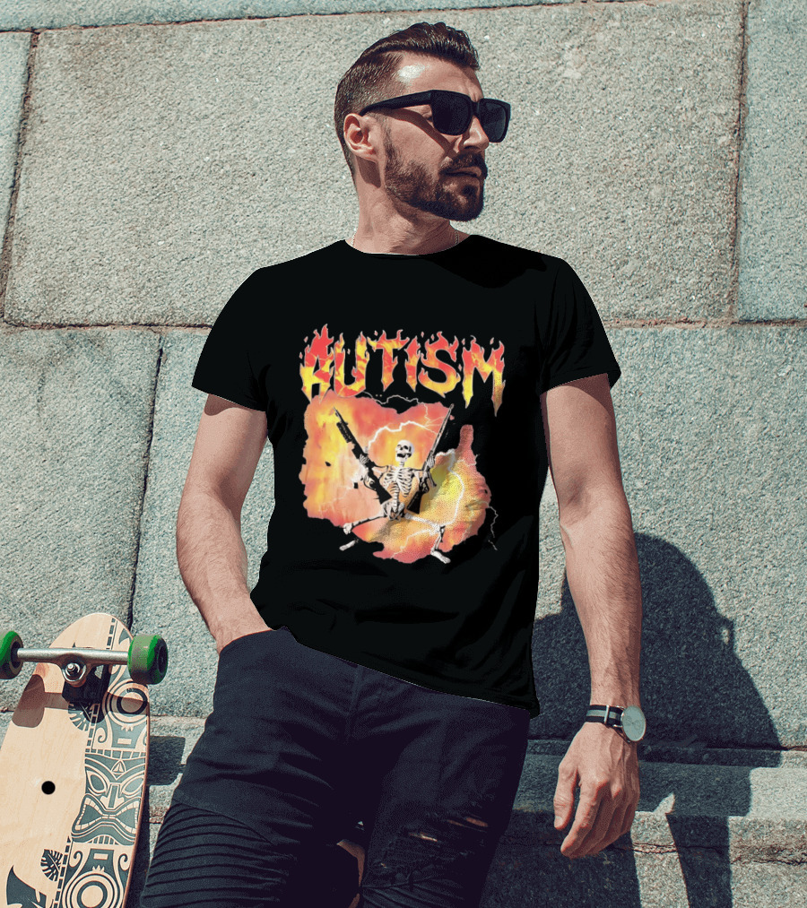 Autism Flaming Skeleton Meme Guns Edgy Fire T-Shirt