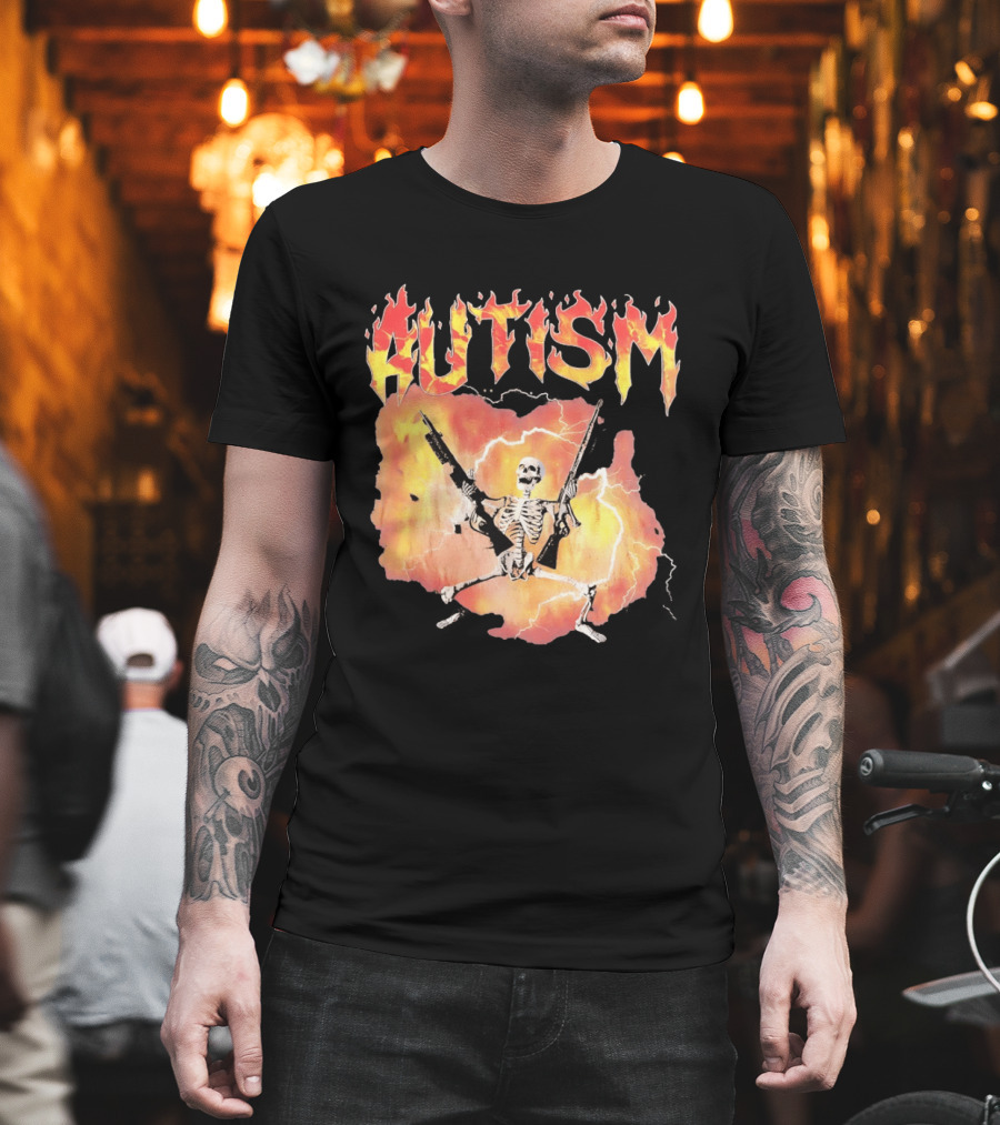 Autism Flaming Skeleton Meme Guns Edgy Fire T-Shirt