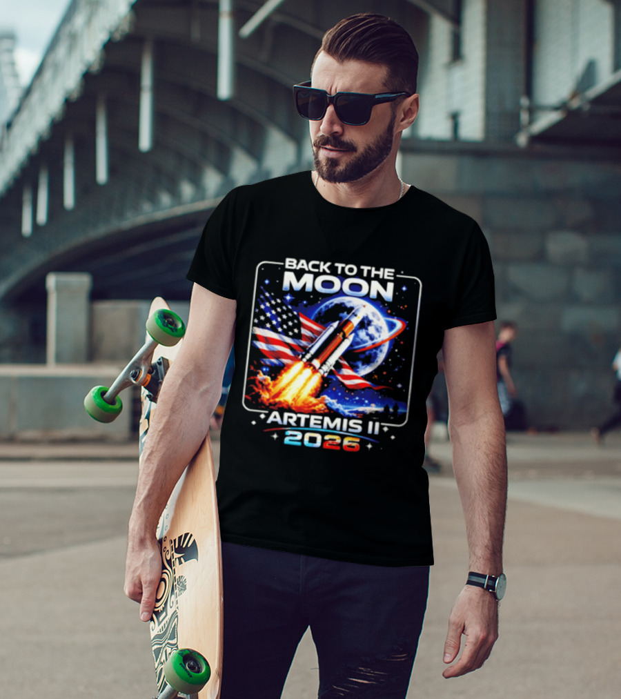 Back To The Moon Artemis II 2026 Rocket Launch Space Mission USA Flag T-Shirt