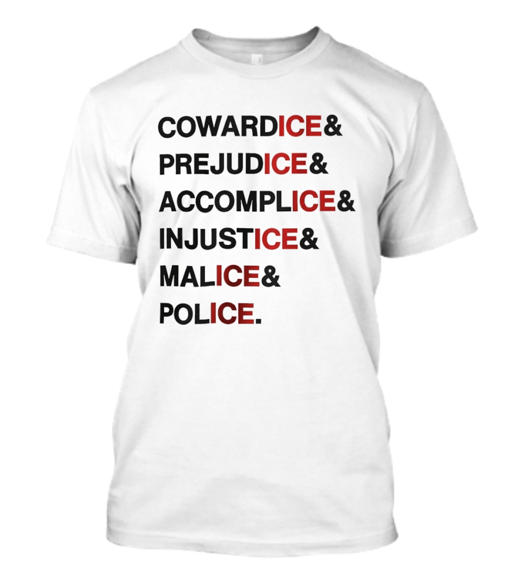 Cowardice Prejudice Accomplice Injustice Malice Police Text Anti Ice T-Shirt