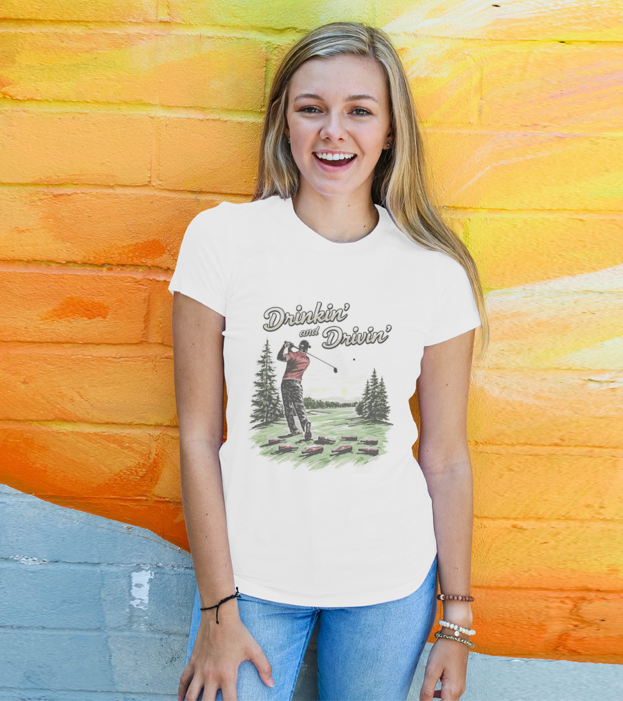 Drinkin' And Drivin' Man Playing Golf With Sunset And Trees T-Shirt