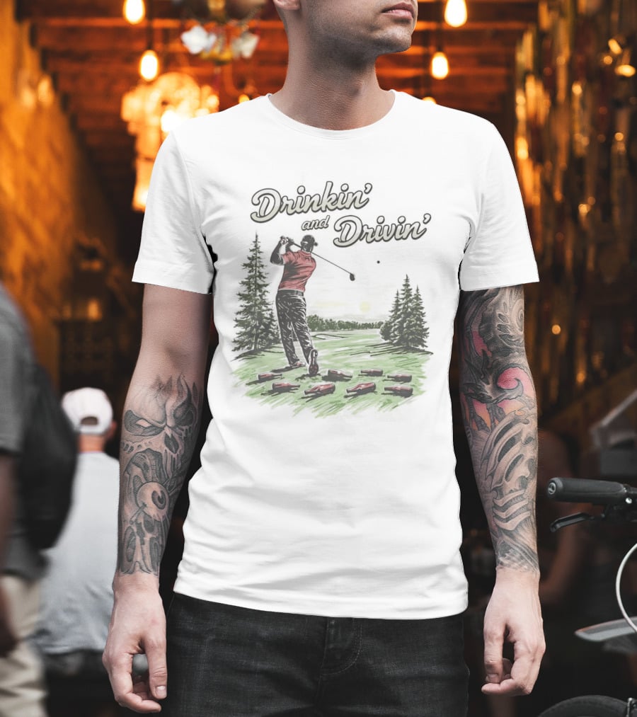 Drinkin' and Drivin' Man Playing Golf with Sunset and Trees T-Shirt