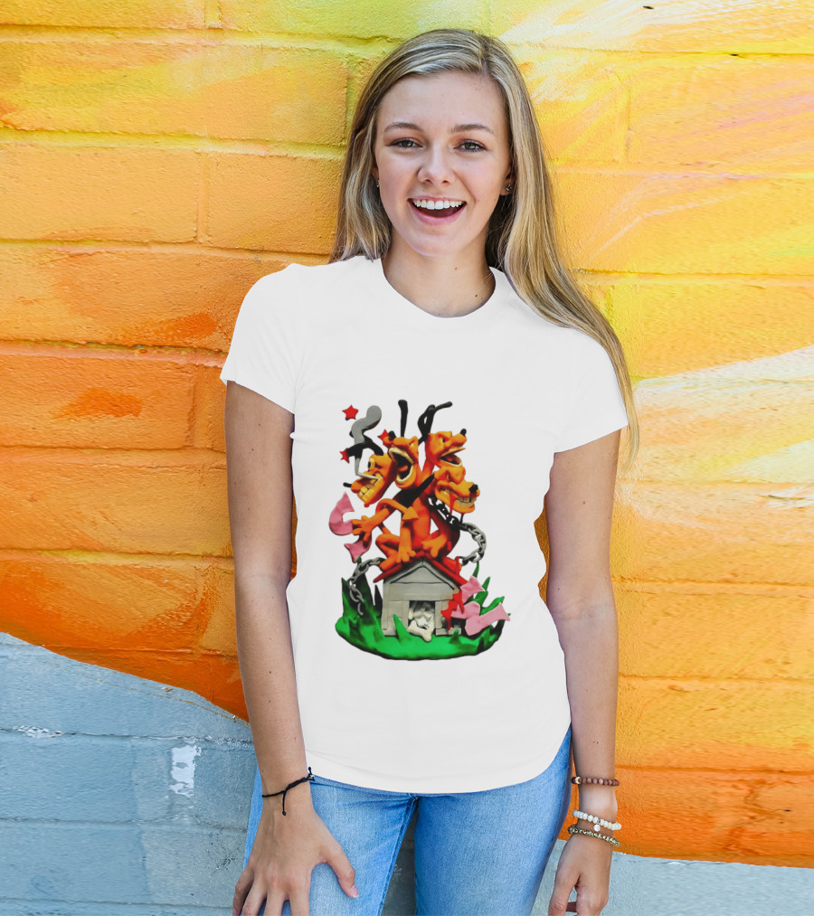 Three Head Monster Dog Cerberus Cartoon Chain House Statue T-Shirt