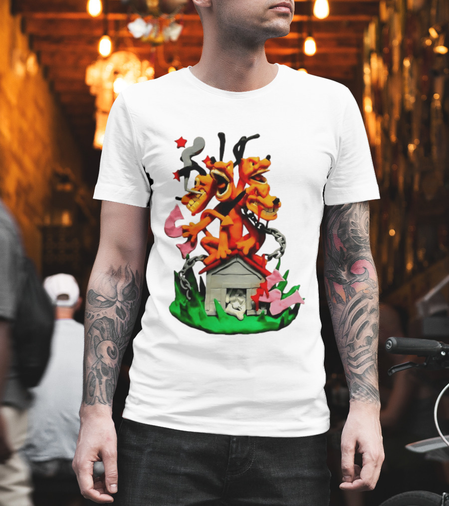 Three Head Monster Dog Cerberus Cartoon Chain House Statue T-Shirt