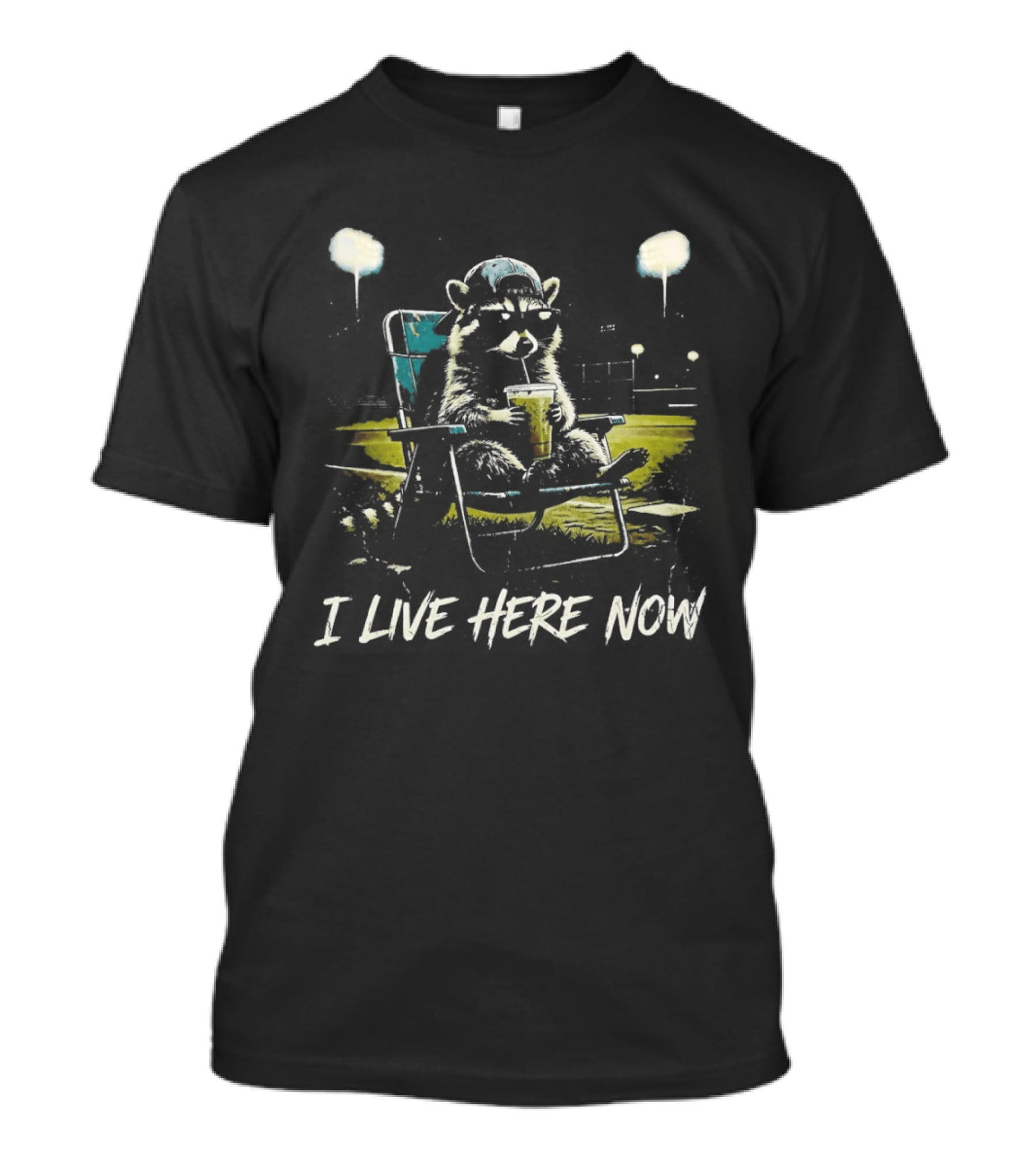 Raccoon I Live Here Now Baseball Ballfield Stadium Lights Sports T-Shirt